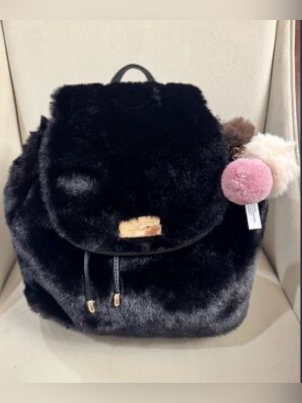 Juicy Couture Black Plush Faux Fur Backpack with Pom-Pom Charms